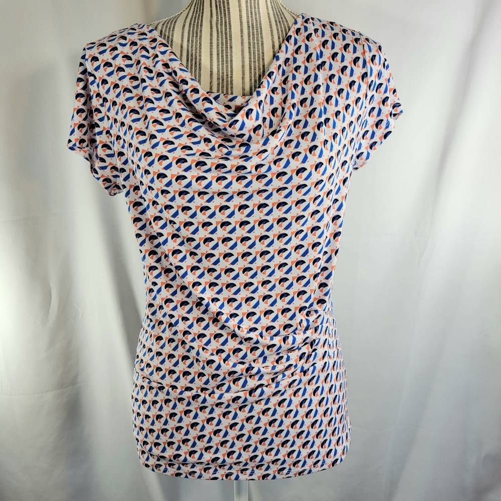 Ann Taylor White w/Black Orange Blue Geometric Pattern Drape Neck Top Size Small